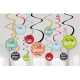A Reason to Celebrate "Happy Birthday" Swirl Hanging Decorations, Blue/Red, 10-in, 12-pk, for Birthday Party Front_Flat