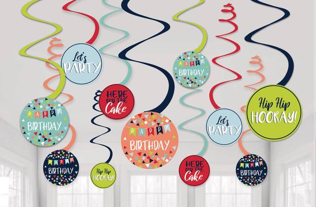 A Reason to Celebrate "Happy Birthday" Swirl Hanging Decorations, Blue/Red, 10-in, 12-pk, for Birthday Party Front_Flat