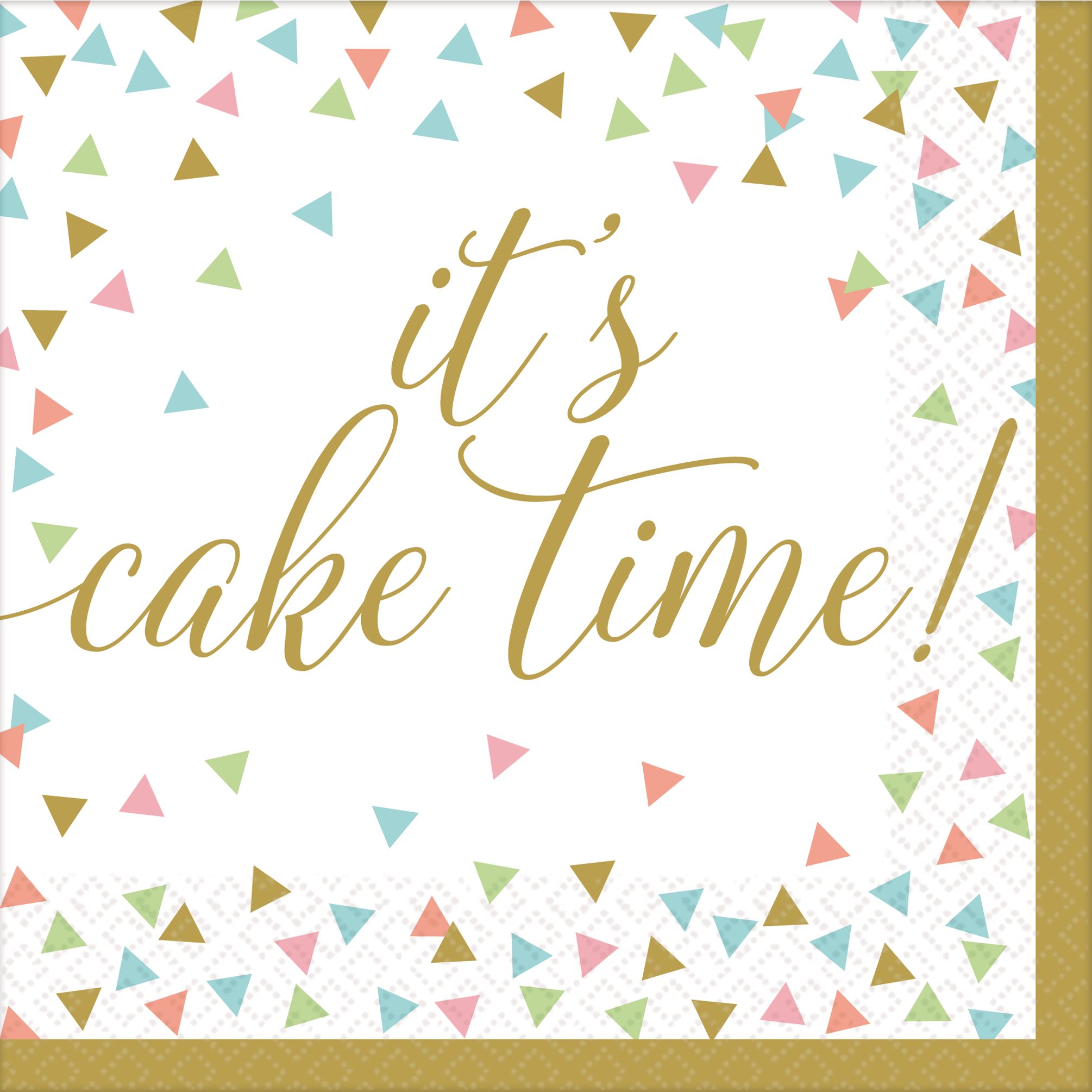 Confetti Fun "It's Cake Time" Square Paper Disposable Lunch Napkins, Gold/White, 6.5-in, 36-pk, 2-ply, for Birthday Party Overhead_Flat