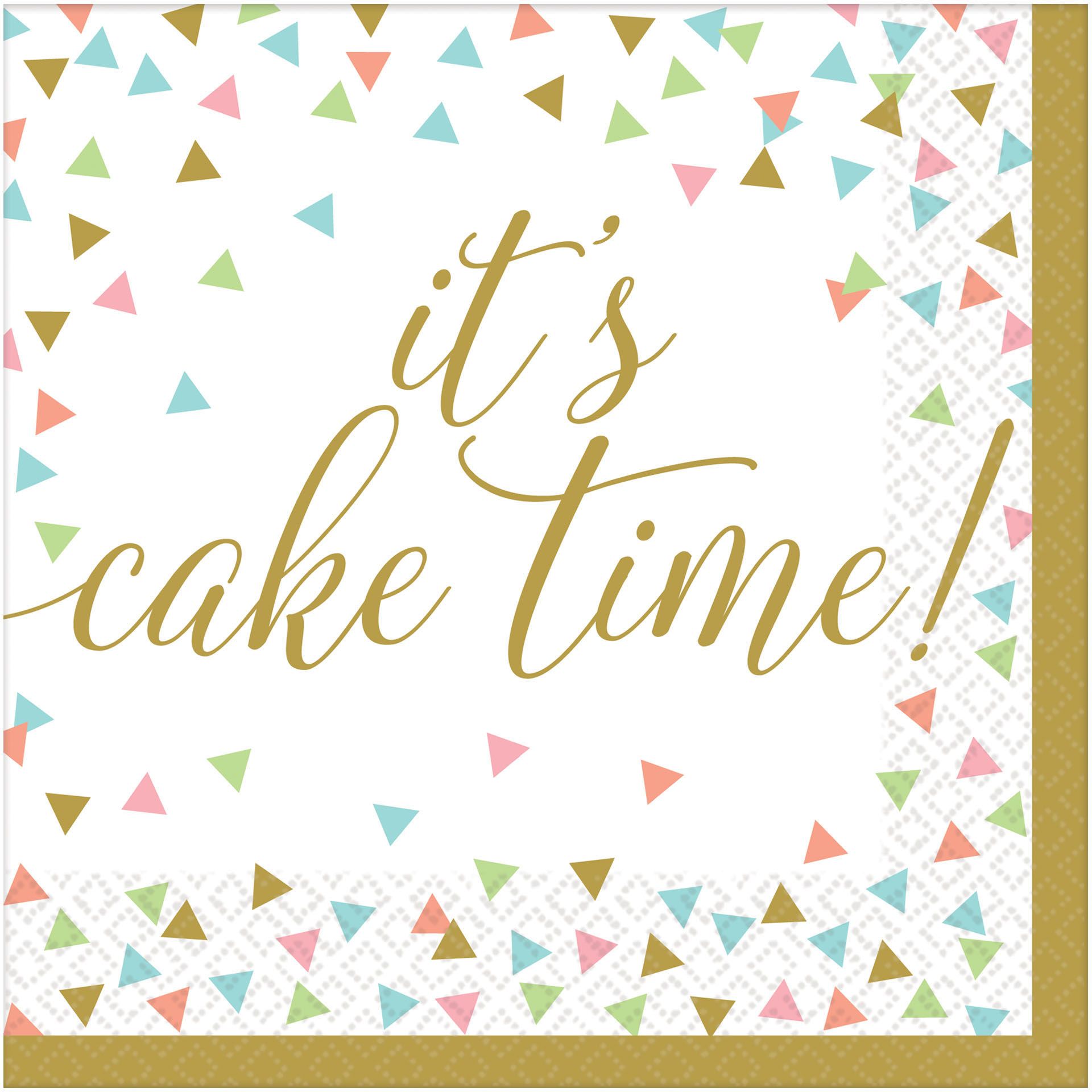 Confetti Fun "It's Cake Time" Square Paper Disposable Lunch Napkins, Gold/White, 6.5-in, 36-pk, 2-ply, for Birthday Party Overhead_Flat