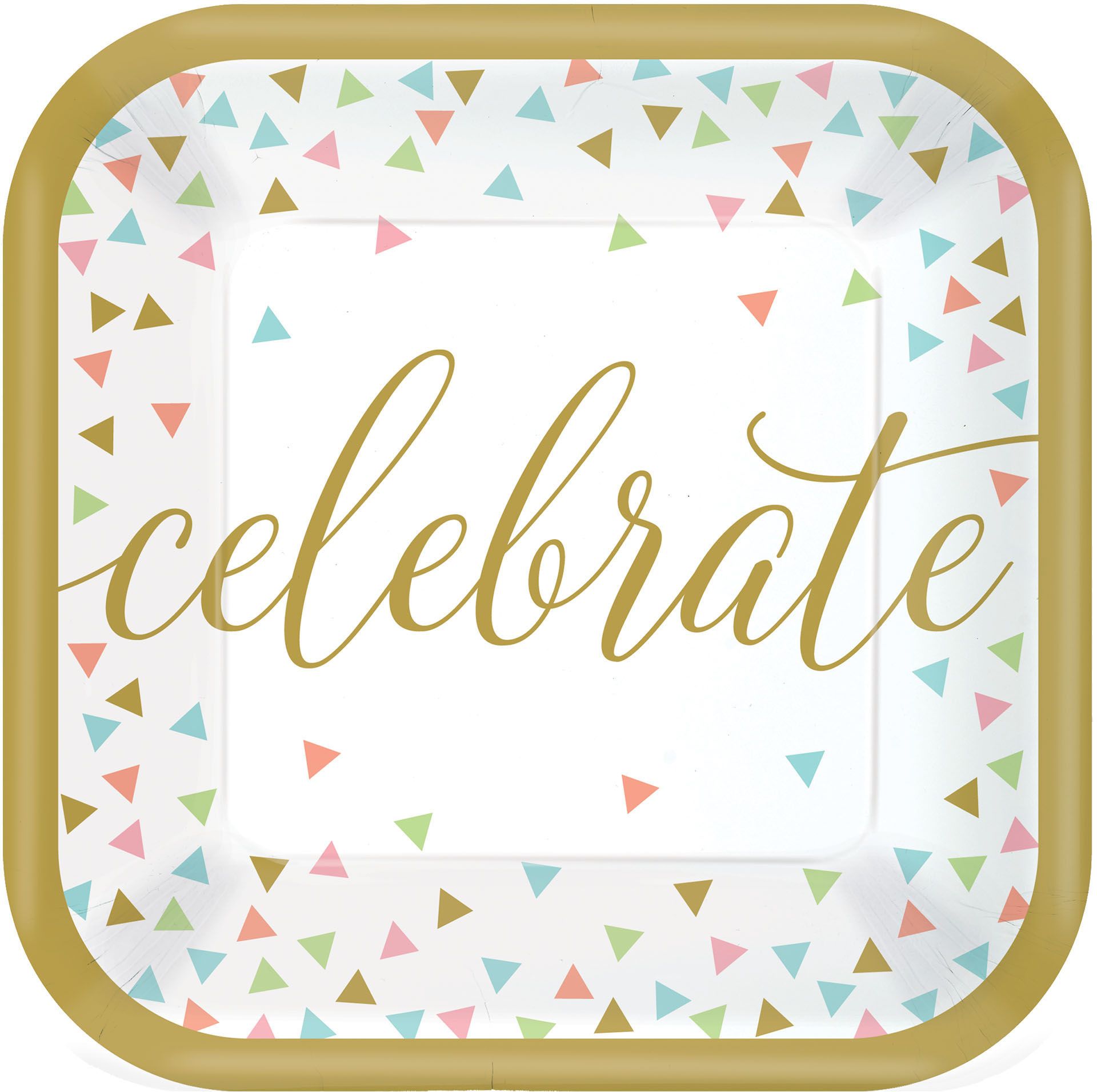 Confetti Fun "Celebrate" Square Paper Disposable Dessert Plates, Gold/White, 7-in, 18-pk, for Birthday Party Overhead_Flat