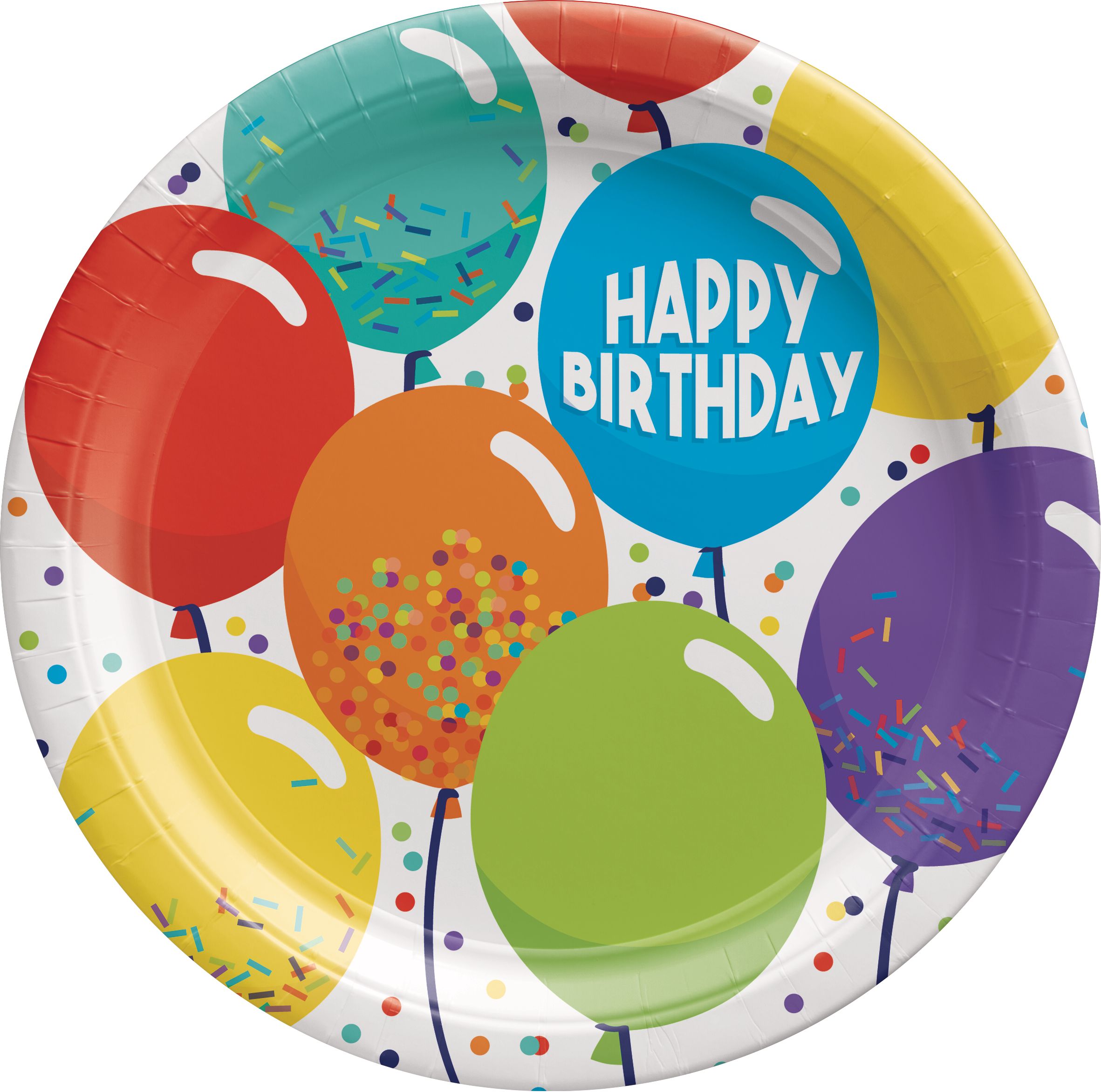 Balloon Birthday "Happy Birthday" Round Paper Disposable Dessert Plates, Multi-Coloured, 7-in, 60-pk, for Birthday Party Overhead_Flat