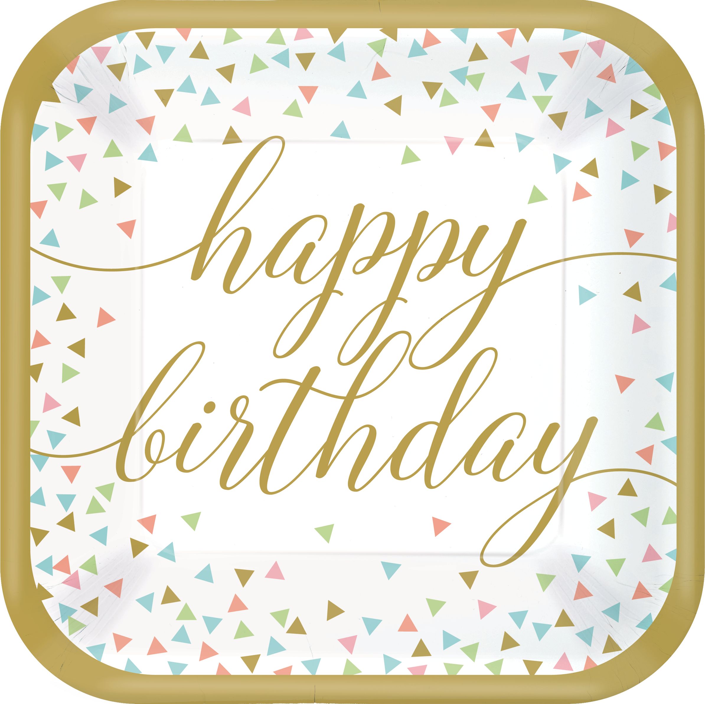 Confetti Fun "Happy Birthday" Square Paper Disposable Lunch Plates, Gold/White, 9-in, 18-pk, for Birthday Party Overhead_Flat