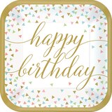 Confetti Fun "Happy Birthday" Square Paper Disposable Lunch Plates, Gold/White, 9-in, 18-pk, for Birthday Party Overhead_Flat