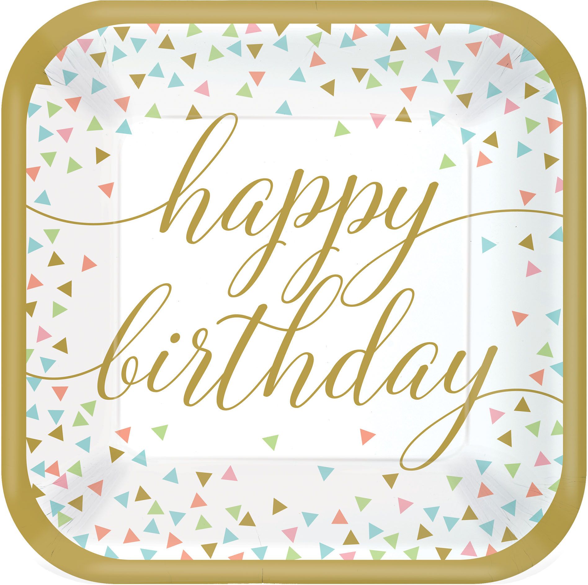 Confetti Fun "Happy Birthday" Square Paper Disposable Lunch Plates, Gold/White, 9-in, 18-pk, for Birthday Party Overhead_Flat