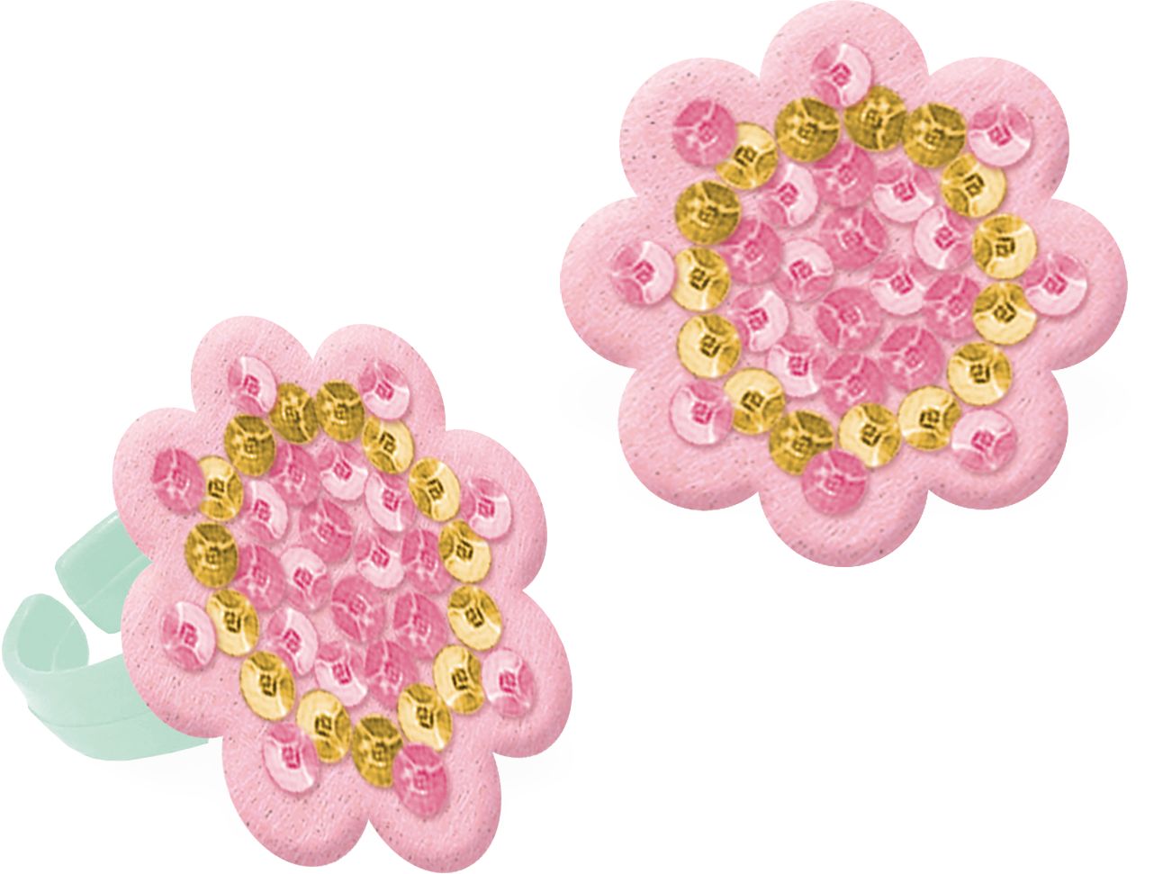 Anneaux à paillettes en forme de fleur fille boho pour cadeaux-surprises d'anniversaire, rose, paq. 8 Overhead_Flat