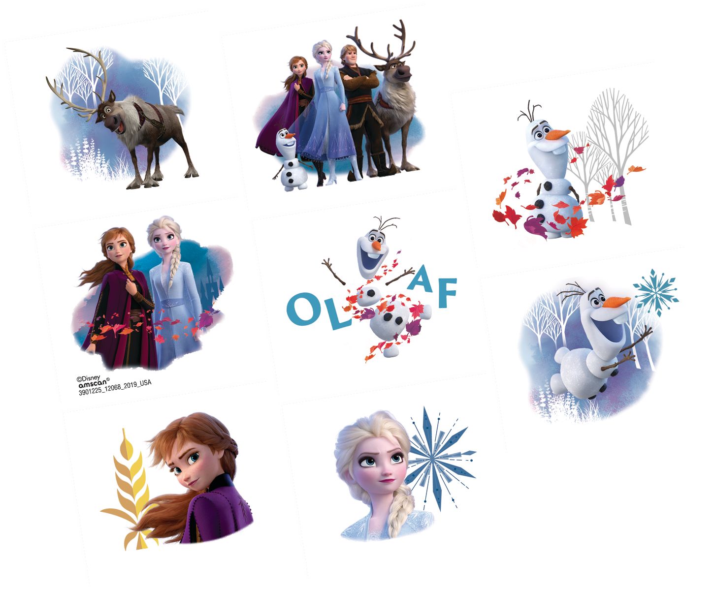 Disney Frozen Elsa/Anna/Olaf Assorted Temporary Tattoos, Blue/Brown, 8-pk, Wearable Favours  for Birthdays Overhead_Flat