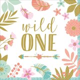 Boho Girl "Wild One" Square Paper Disposable Lunch Napkins, White/Gold, 6.5-in, 16-pk, 2-ply, for Birthday Party Overhead_Flat