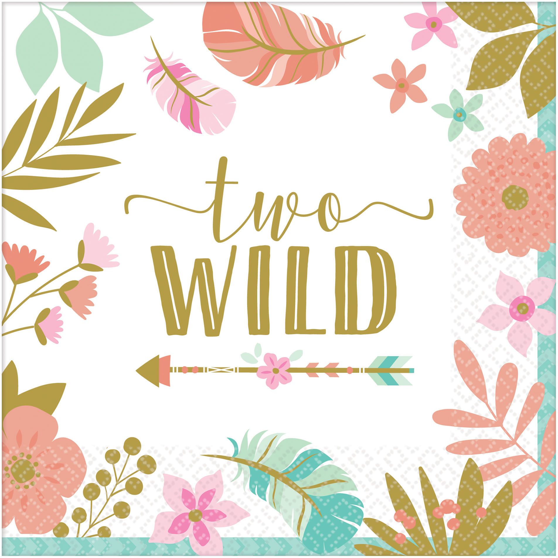 Boho Girl 2nd Birthday Party Napkins feature "two wild" in Gold, 16-pk Front_Flat