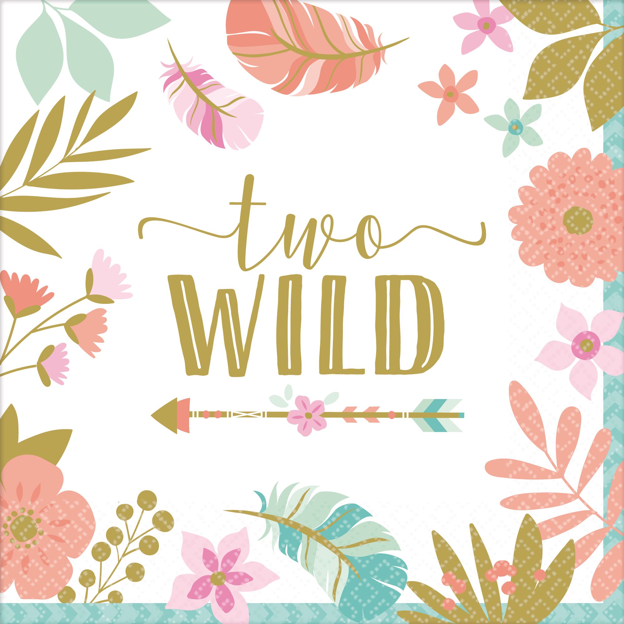Boho Girl 2nd Birthday Party Napkins feature "two wild" in Gold, 16-pk Front_Flat