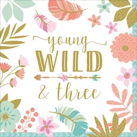 Boho Girl "Young, Wild & Three" Square Paper Disposable Lunch Napkins, White/Gold, 6.5-in, 16-pk, 2-ply, for Birthday Party Overhead_Flat