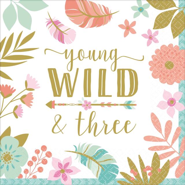 Boho Girl "Young, Wild & Three" Square Paper Disposable Lunch Napkins, White/Gold, 6.5-in, 16-pk, 2-ply, for Birthday Party Overhead_Flat