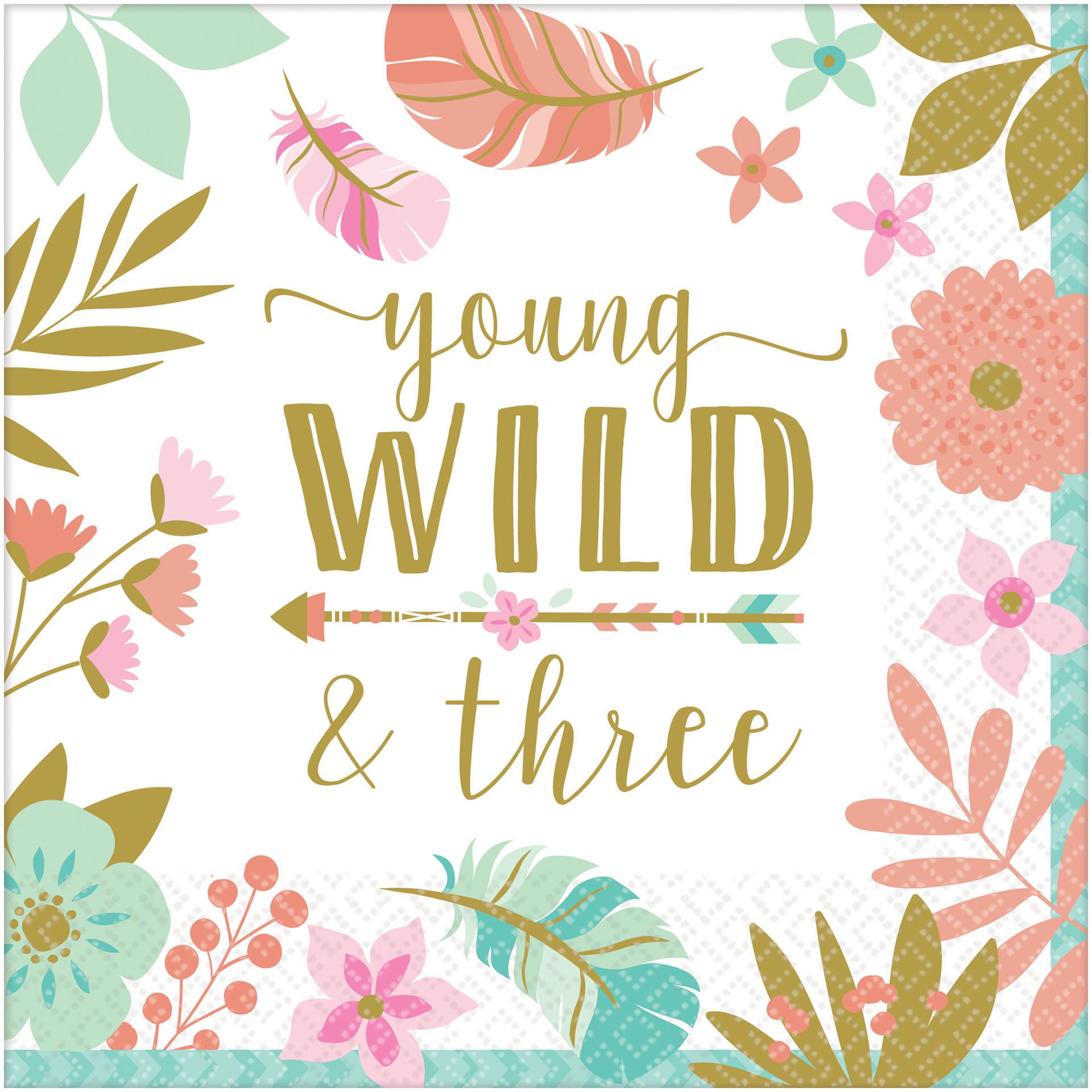 Boho Girl "Young, Wild & Three" Square Paper Disposable Lunch Napkins, White/Gold, 6.5-in, 16-pk, 2-ply, for Birthday Party Overhead_Flat