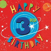 Blast Off "Happy 3rd Birthday" Square Paper Disposable Lunch Napkins, Red, 6.5-in, 16-pk, 2-ply, for Birthday Party Overhead_Flat