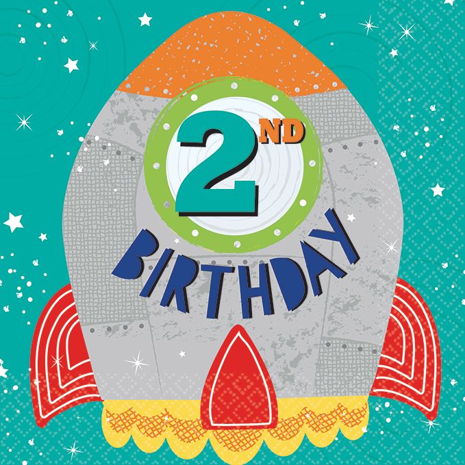 Blast Off "Happy 2nd Birthday" Square Paper Disposable Lunch Napkins, Blue, 6.5-in, 16-pk, 2-ply, for Birthday Party Overhead_Flat