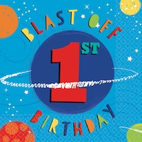 Blast Off Milestone 1st Birthday Party Napkins feature Planets and Stars, Blue, 16-pk Overhead_Flat