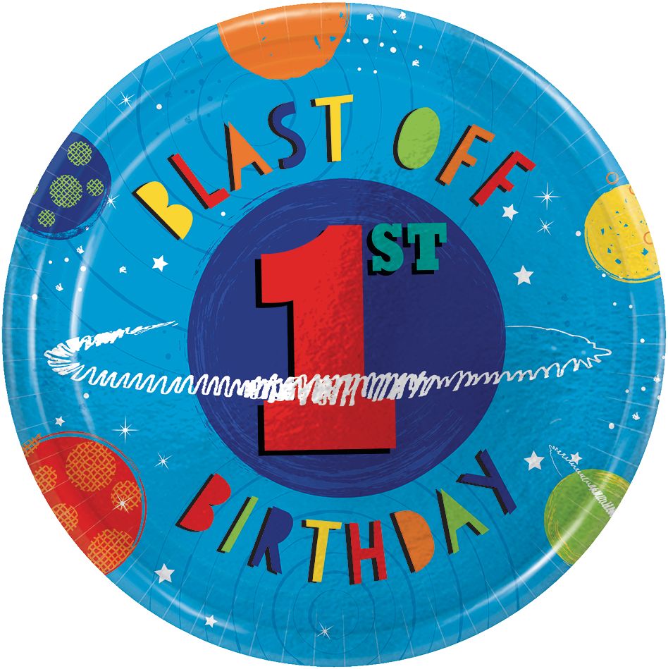 Blast Off "1st Birthday" Round Paper Disposable Dessert Plates, Blue, 7-in, 8-pk, for Birthday Party Front_Flat