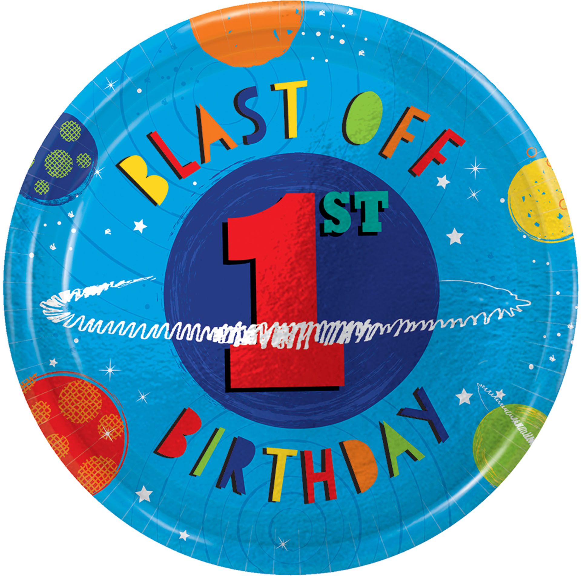 Blast Off "1st Birthday" Round Paper Disposable Dessert Plates, Blue, 7-in, 8-pk, for Birthday Party Front_Flat