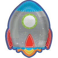 Blast Off Rocket Ship Paper Disposable Dessert Plates, Grey, 7-in, 8-pk, for Birthday Party Front_Flat