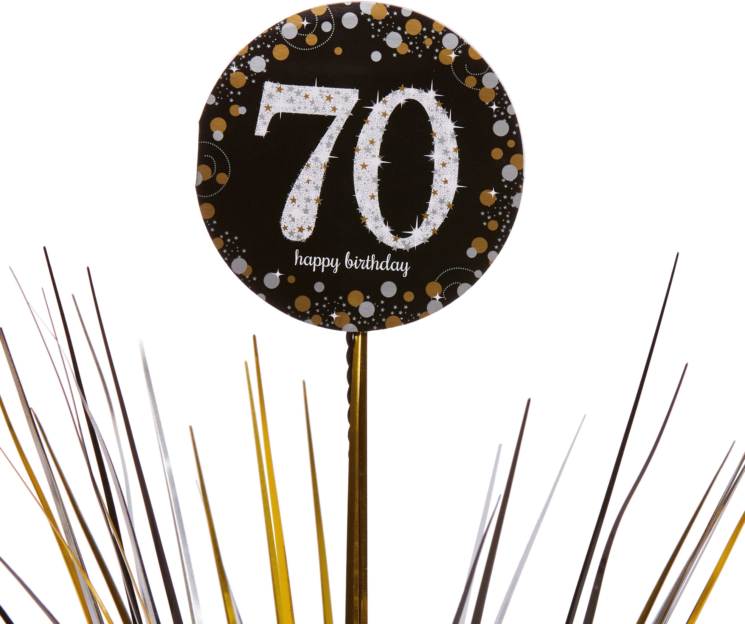 Sparkling Celebration "70 Happy Birthday" Metallic Tinsel Spray Burst Centerpiece Table Decoration, Black/Gold/Silver, 18-in, for Birthday Party CloseUp