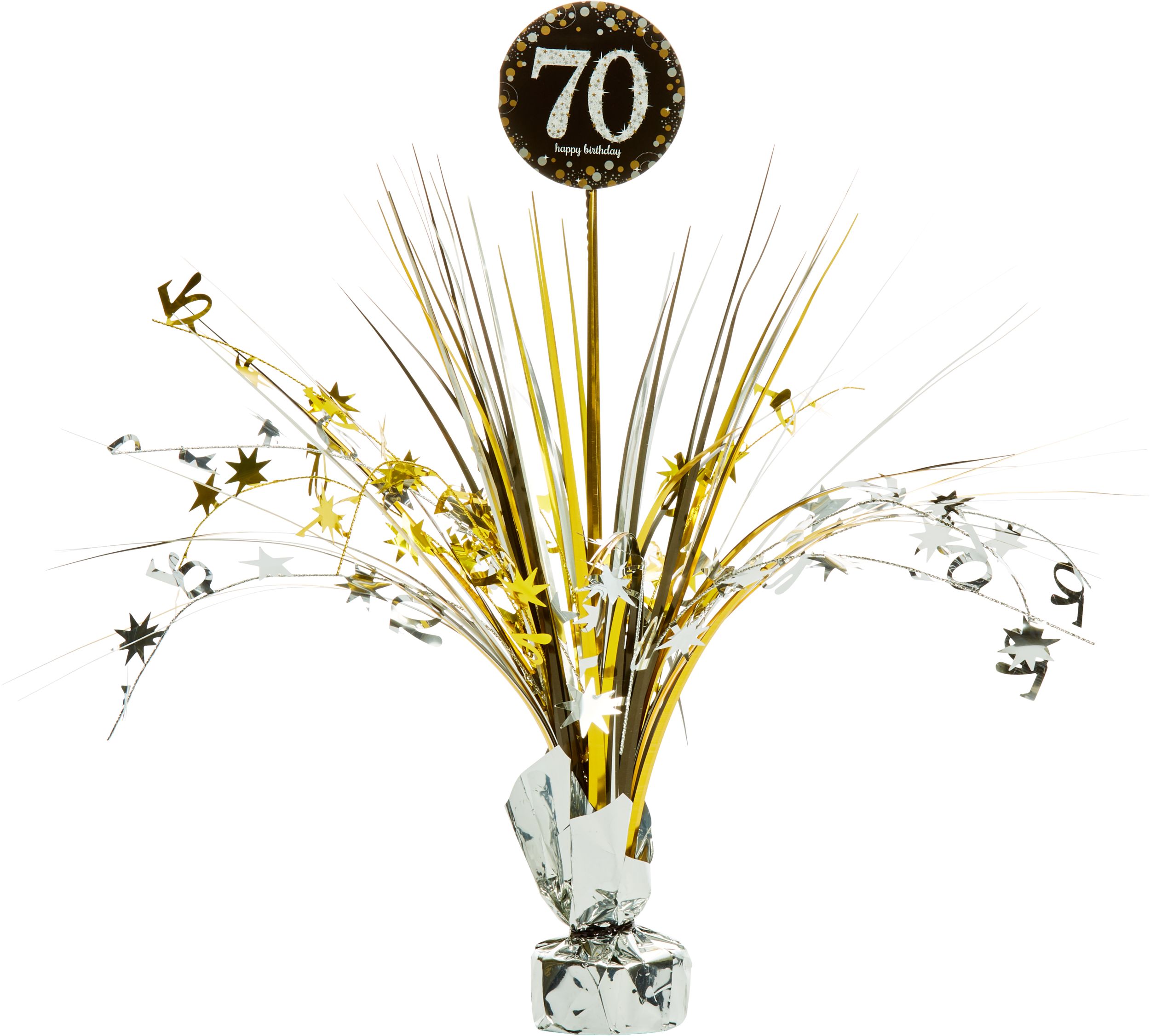 Sparkling Celebration "70 Happy Birthday" Metallic Tinsel Spray Burst Centerpiece Table Decoration, Black/Gold/Silver, 18-in, for Birthday Party Front_Flat