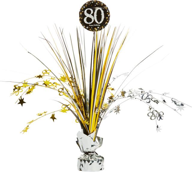 Sparkling Celebration "80 Happy Birthday" Metallic Tinsel Spray Burst Centerpiece Table Decoration, Black/Gold/Silver, 18-in, for Birthday Party Front_Flat