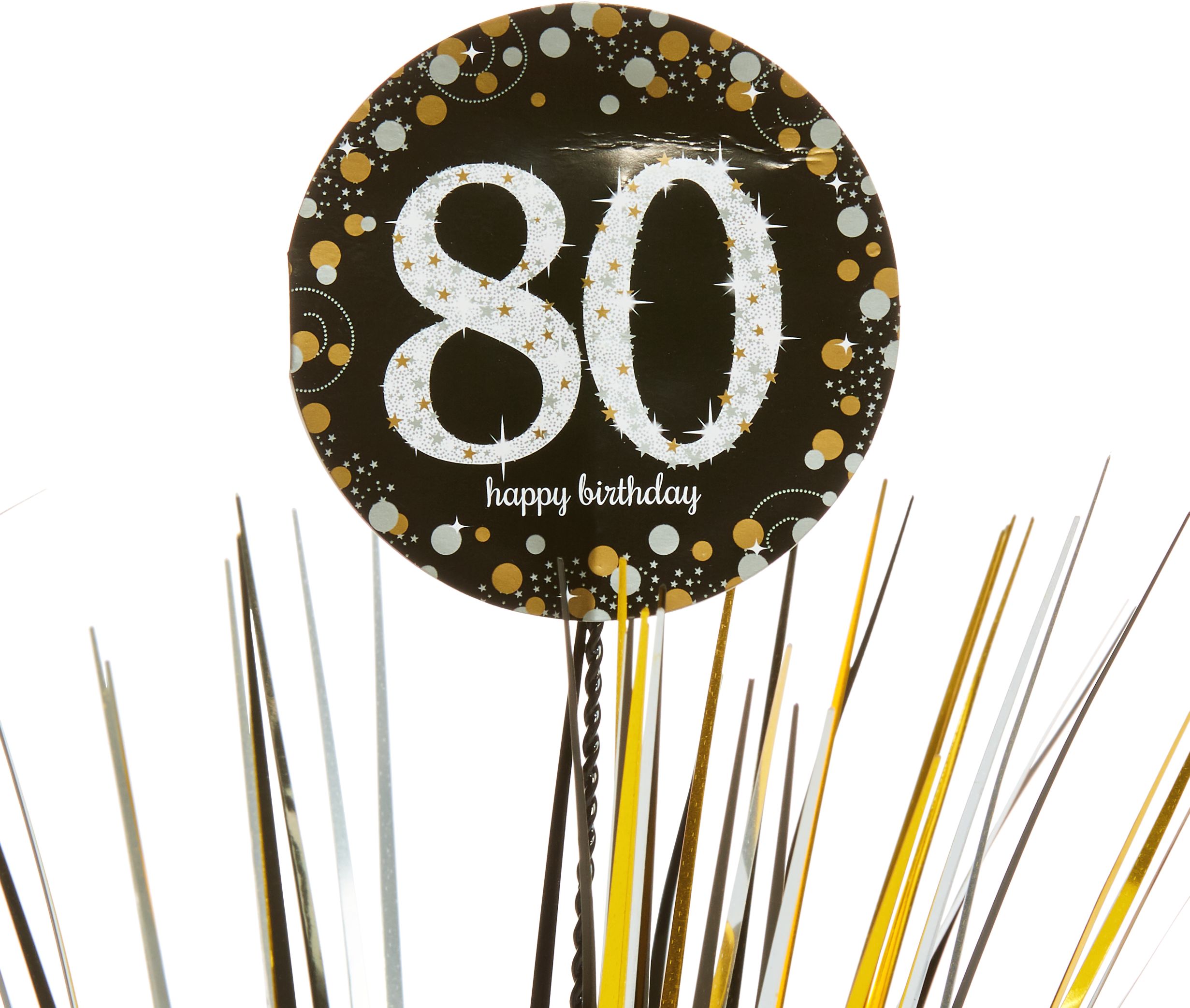 Sparkling Celebration "80 Happy Birthday" Metallic Tinsel Spray Burst Centerpiece Table Decoration, Black/Gold/Silver, 18-in, for Birthday Party CloseUp