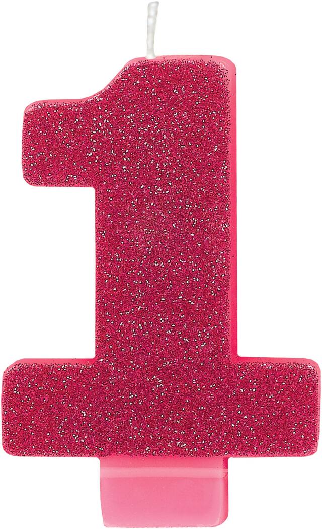 Glitter Number 1 Birthday Candle, Bright Pink Front_Flat