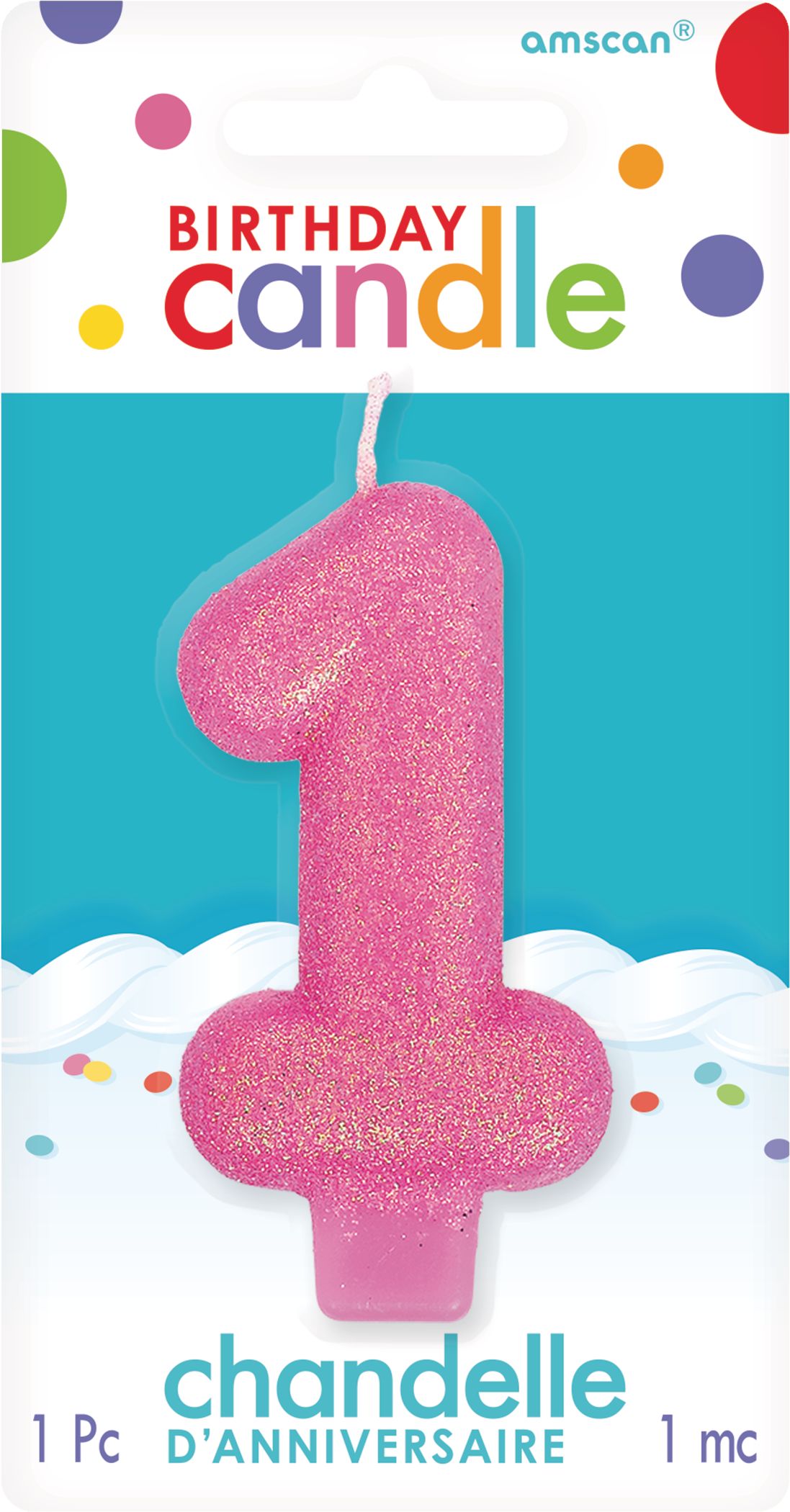 Glitter Number 1 Birthday Candle, Bright Pink Front_Flat