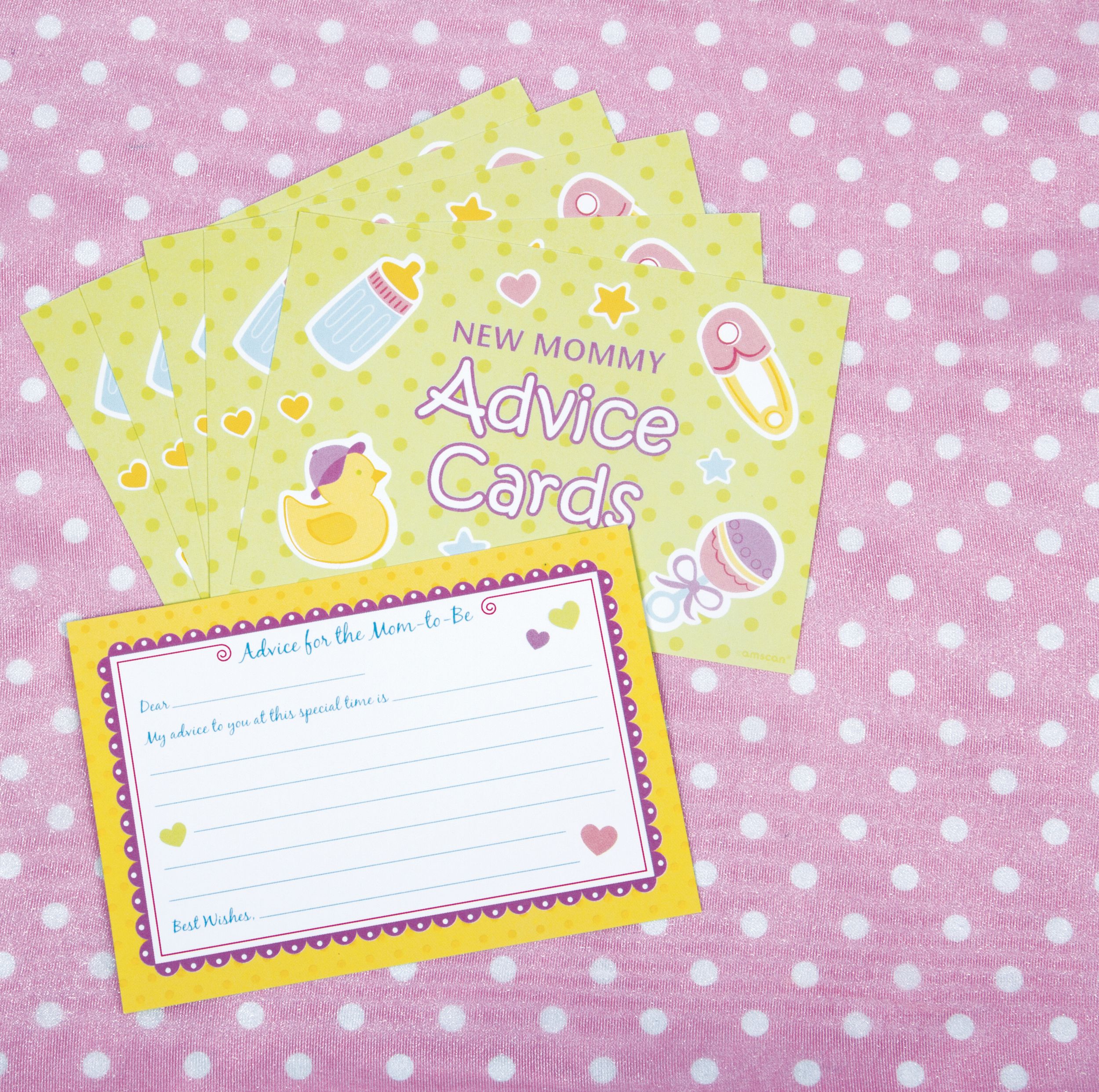 "Advice for the Mom-to-Be" Paper Advice Cards, Multi-Coloured, 24-pk, for Baby Shower/Gender Reveal Overhead_Plunge
