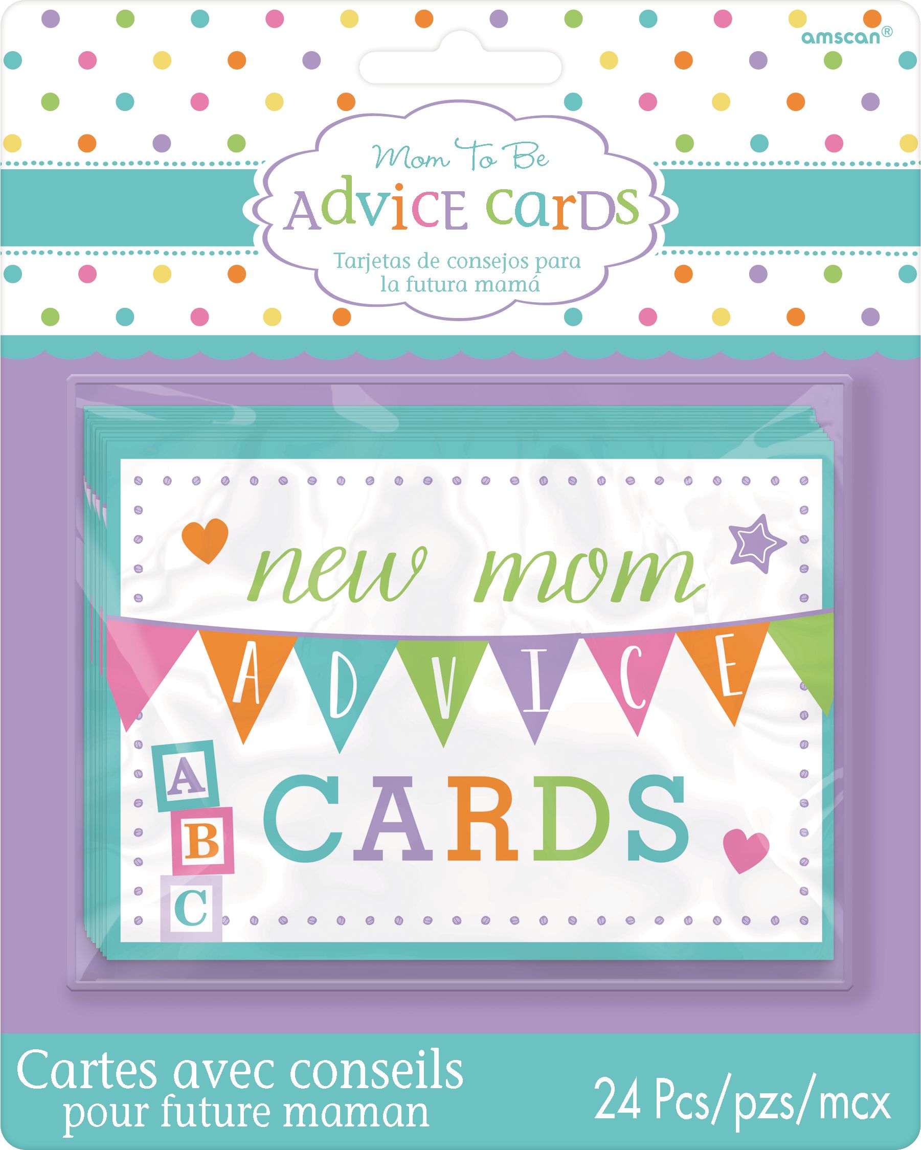 "Advice for the Mom-to-Be" Paper Advice Cards, Multi-Coloured, 24-pk, for Baby Shower/Gender Reveal Front_Flat