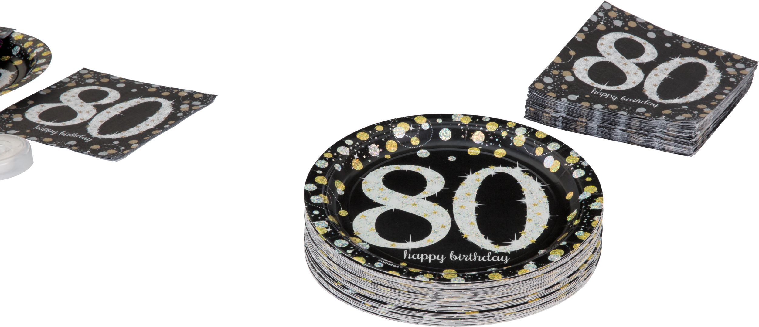 Sparkling Celebration "80 Happy Birthday" Square Paper Disposable Lunch Napkins, Black/Silver/Gold, 6.5-in, 16-pk, 2-ply, for Milestone Birthday Composite_or_Mixed