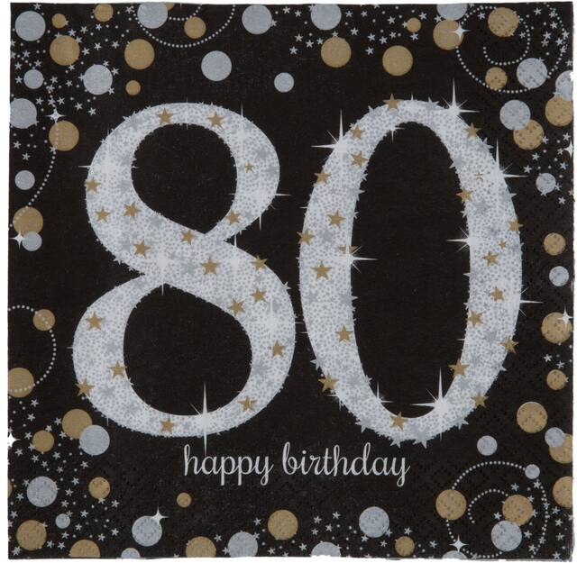 Sparkling Celebration "80 Happy Birthday" Square Paper Disposable Lunch Napkins, Black/Silver/Gold, 6.5-in, 16-pk, 2-ply, for Milestone Birthday Overhead_Flat