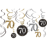Sparkling Celebration "70 Happy Birthday" Swirl Hanging Decorations, Gold/Silver/Black, Polka Dot, 10-in, 12-pk, for Birthday Party Front_Flat