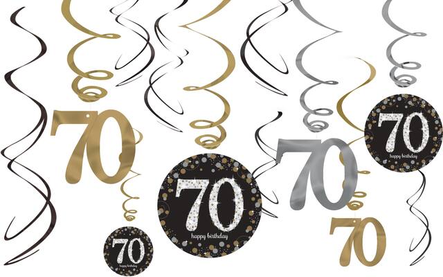 Sparkling Celebration "70 Happy Birthday" Swirl Hanging Decorations, Gold/Silver/Black, Polka Dot, 10-in, 12-pk, for Birthday Party Front_Flat