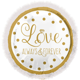"Love Always & Forever" Round Satin Foil Balloon, White/Gold, Polka Dot, 32-in, Helium Inflation & Ribbon Included for Anniversary/Wedding Front_Flat