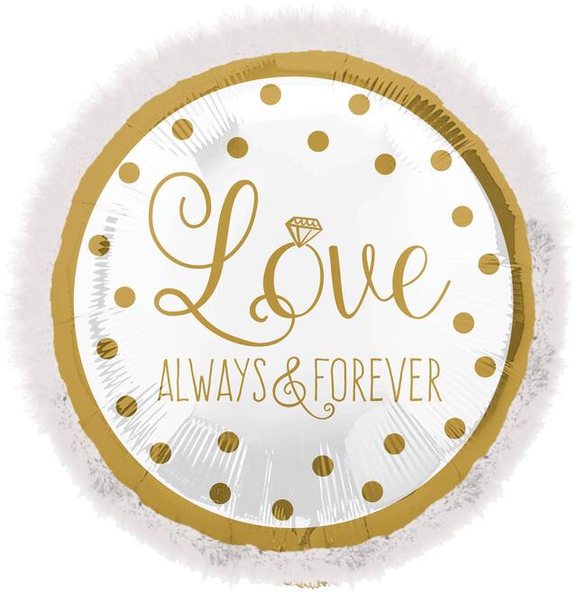 Ballon en aluminium satiné rond Love Always & Forever, blanc/or, à pour, 32 po, gonflement à l'hélium et ruban inclus, pour anniversaire/mariage Front_Flat