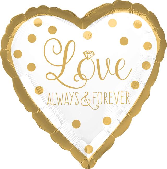 "Love Always & Forever" Heart Satin Foil Balloon, White/Gold, Polka Dot, 17-in, Helium Inflation & Ribbon Included for Anniversary/Wedding Front_Flat