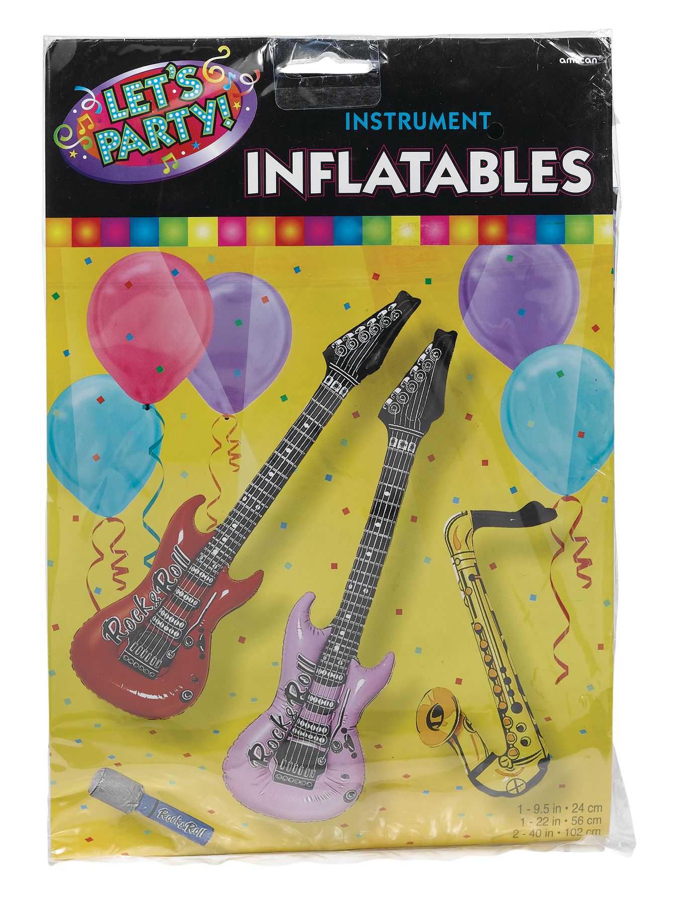 "Rock & Roll" Inflatable Rock Band Instruments, Purple/Red/Yellow/Blue, 40-in 4-pk, for Birthday Party/Halloween Front_Flat