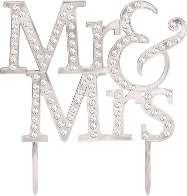 "Mr & Mrs" Rhinestone Cake Treat Topper, Silver, 5-in, for Engagement Party/Anniversary/Wedding Front_Flat