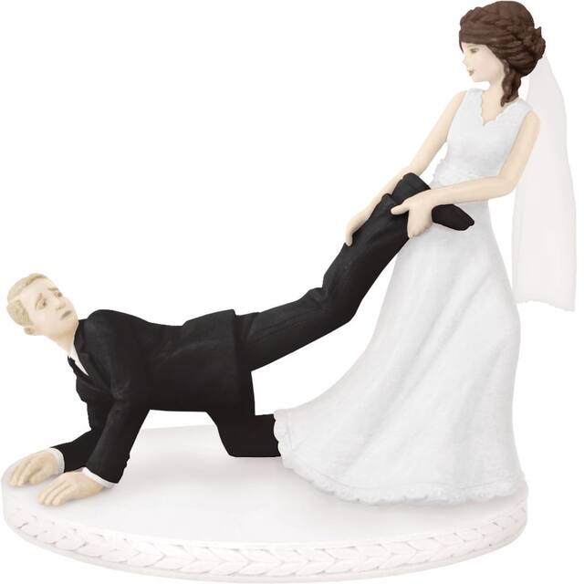 Leg Puller Brunette Bride & Blonde Groom Wedding Cake Topper, Black/White, 4.5-in, for Wedding Front_Flat