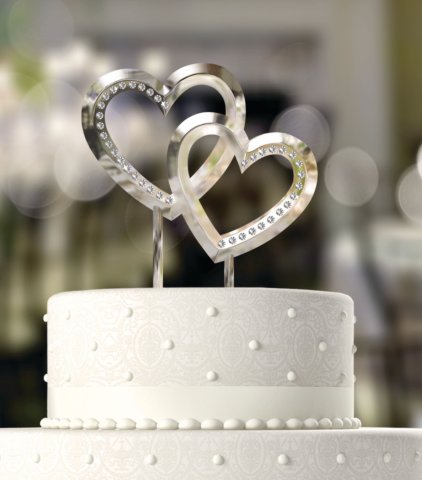 Hearts Rhinestone Cake Treat Topper, Silver, 5-in, for Engagement Party/Anniversary/Wedding Front_Flat