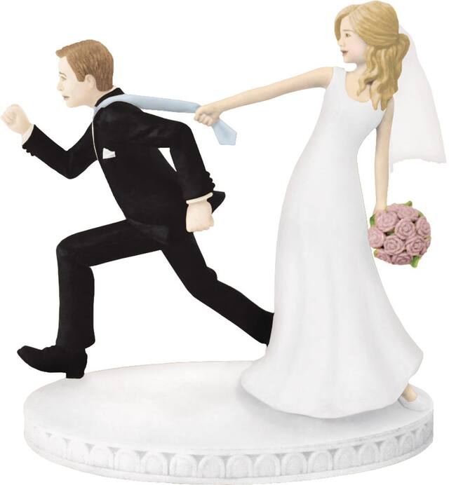 Tie Puller Blonde Bride & Groom Wedding Cake Topper, Black/White, 4.5-in, for Wedding Front_Flat
