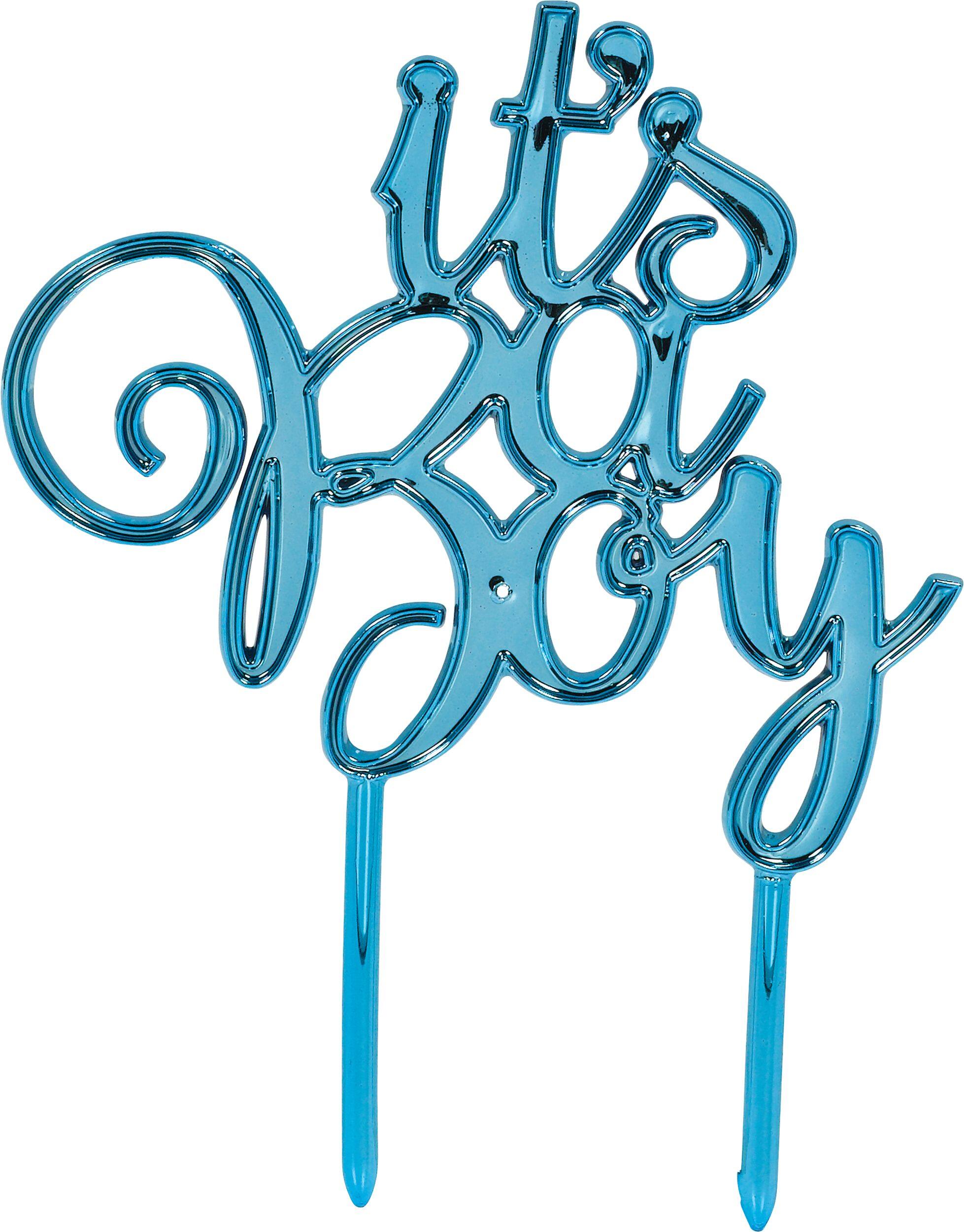 "It's a Boy" Metallic Cake Treat Topper, Blue, 8-in, for Gender Reveal/Baby Shower Front_Flat