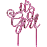 "It's a Girl" Metallic Cake Treat Topper, Pink, 8-in, for Gender Reveal/Baby Shower Front_Flat