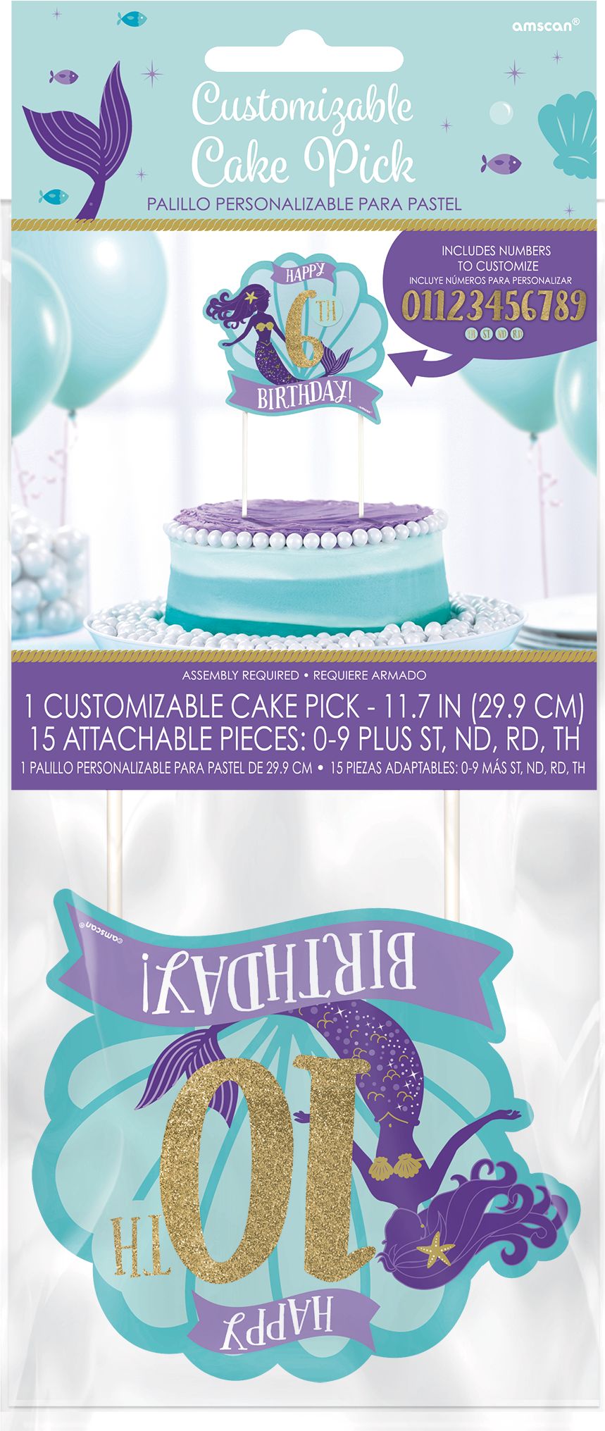 Customizable Wishful Mermaid Birthday Cake Topper Front_Flat