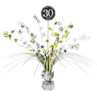 Sparkling Celebration "30 Happy Birthday" Metallic Tinsel Spray Burst Centerpiece Table Decoration, Black/Gold/Silver, 18-in, for Birthday Party Front_Flat