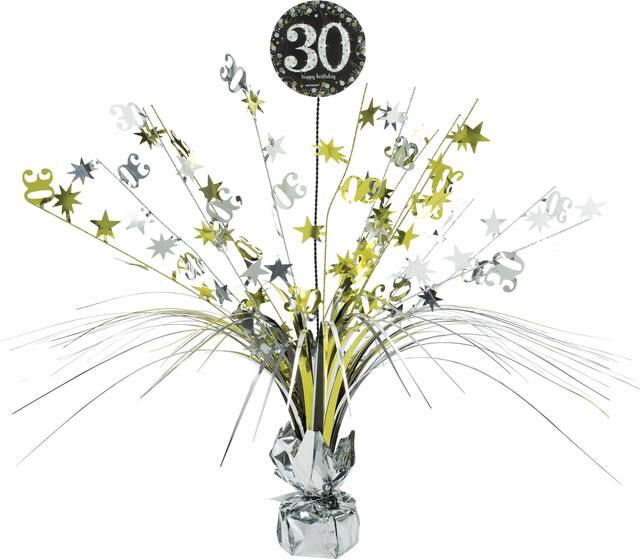 Sparkling Celebration "30 Happy Birthday" Metallic Tinsel Spray Burst Centerpiece Table Decoration, Black/Gold/Silver, 18-in, for Birthday Party Front_Flat