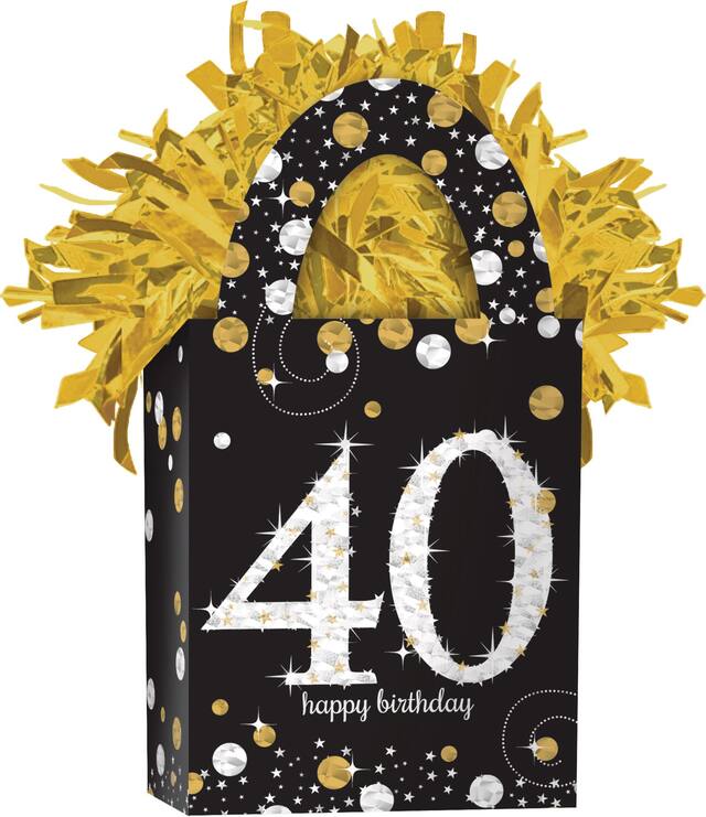 "Happy Birthday 40" Gift Bag Shaped Balloon Weight Accessory, Black/Gold, 5.5-in, for Milestone Birthday Front_Angled_Right