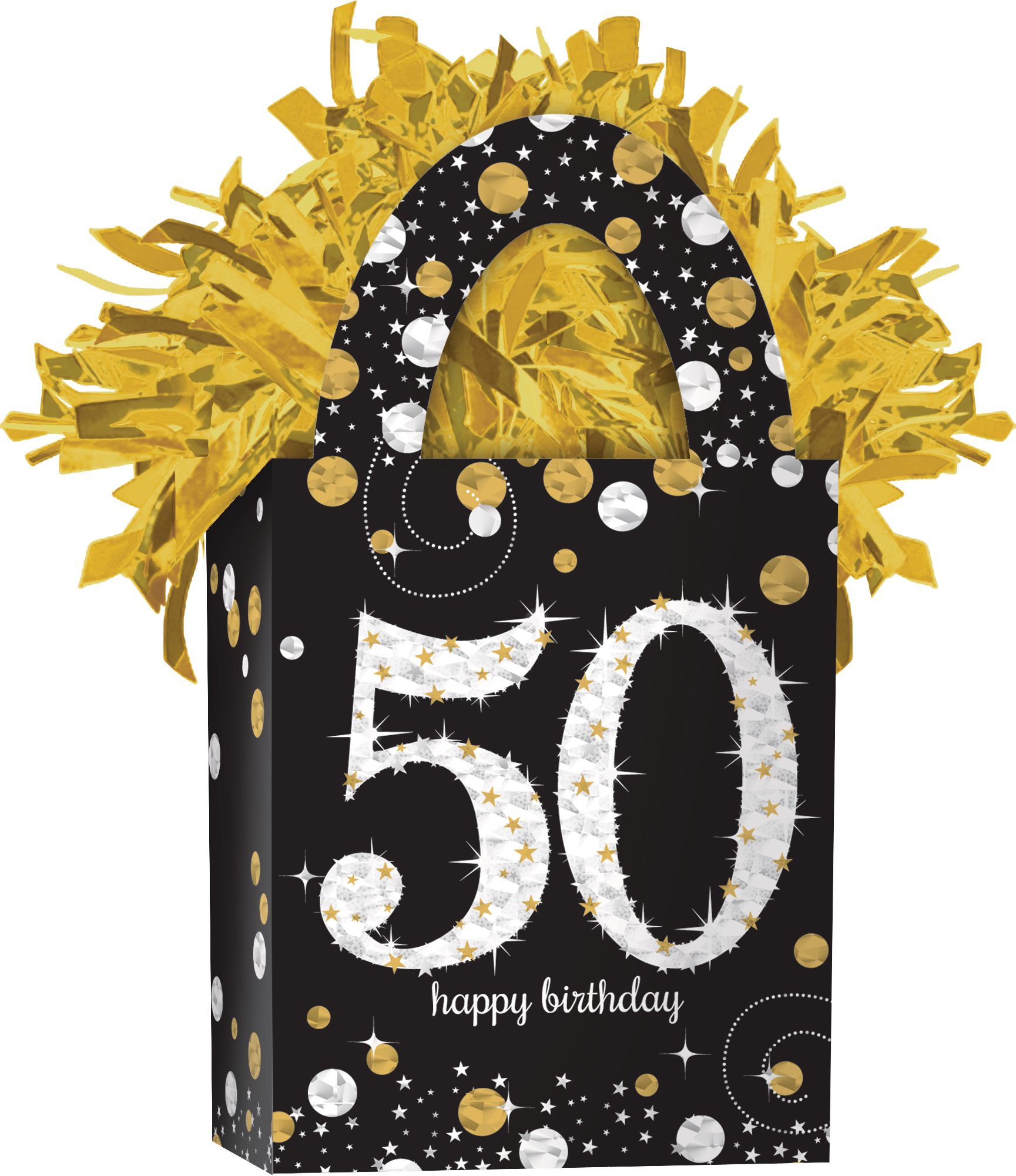 Sparkling Celebration "Happy Birthday 50" Gift Bag Shaped Balloon Weight Accessory, Black/Gold, 5.5-in, for Milestone Birthday Front_Angled_Right